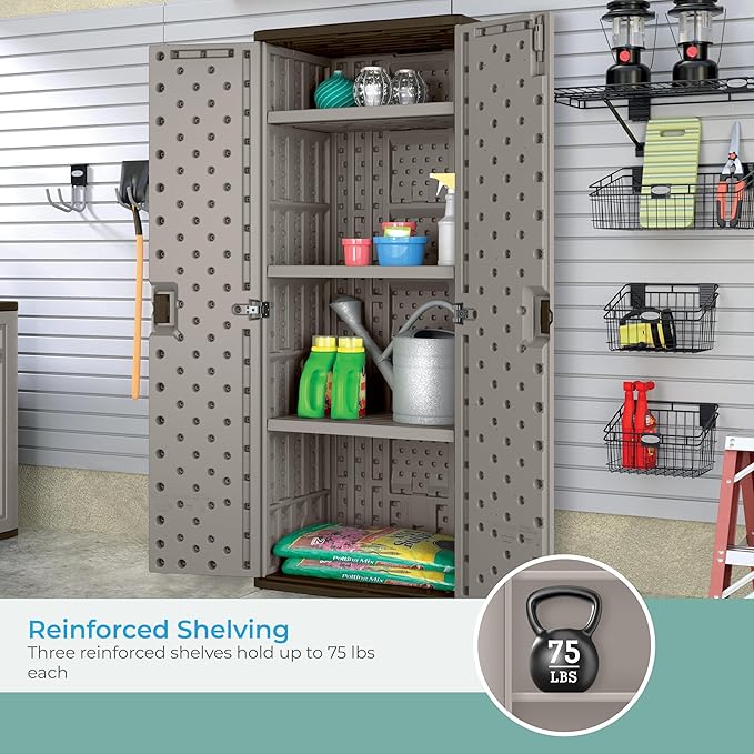 Suncast Tall Storage Cabinet, Platinum Resin Garage Storage Cabinet with Doors & Shelves, Plastic, Lockable, Freestanding Utility Closet for Tools & Supplies, Made in USA