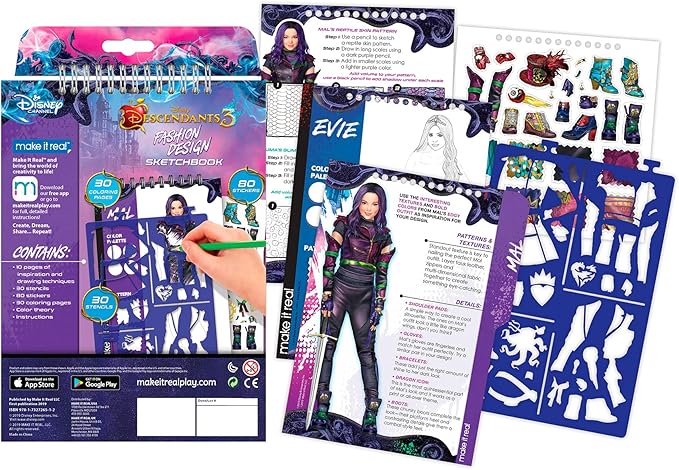 Disney Descendants 3 Fashion Design Sketchbook for Girls - Create Outfits with Evie & More, Includes Stencils, Stickers, Design Guide - Gift for Kids Ages 6+, Develops Real-World Skills Make it Real
