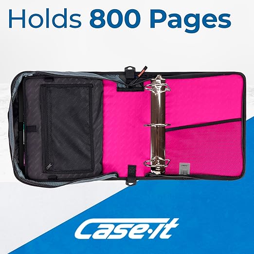 Case-it King Sized Zip Tab School Zipper Binder | 4-Inch D-Rings, 800 Sheet Capacity, 5-Subject Expanding File Folder, Multiple Pockets & Storage Organizer, Shoulder Strap | D-186 Magenta