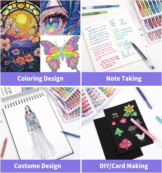 Glitter Gel Pens, 72 Pack Glitter Pens For Adults Coloring Books, 1.0mm Point Colored Pens, Large Capacity Ink Pens for Coloring, Writing, Drawing, Journaling, Note Taking, Office, Home