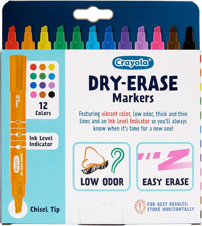 Crayola Take Note Dry Erase Markers for School (12ct) Teacher Supplies, Chisel Tip Whiteboard Markers, Essential Classroom Must Haves, Low Odor (Pack of 2)