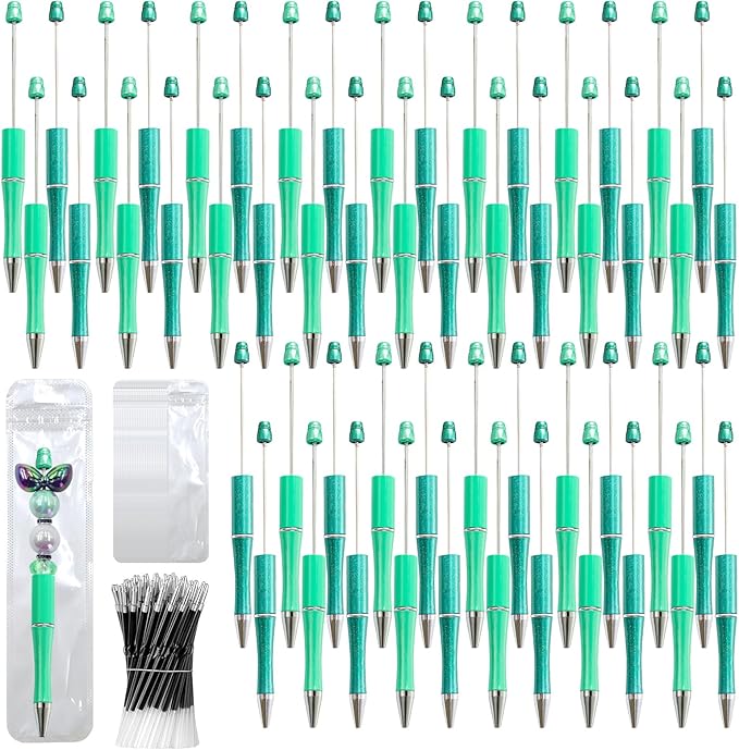 300 Pieces DIY Beadable Pen Kit – 100 Plastic Ballpoint Pens with Refills & Bags – School Supplies, Office Accessories & Decorative Items for Students & Teachers (Cyan)