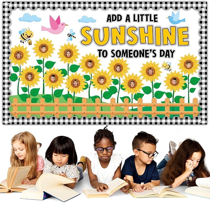 Fall Sunflower Bulletin Board Decorations Sunflower Paper Cutouts for Posting Photo Motivational Quotes Cutouts with Black Plaid Borders for School Classroom Chalkboard Wall Decor Supplies