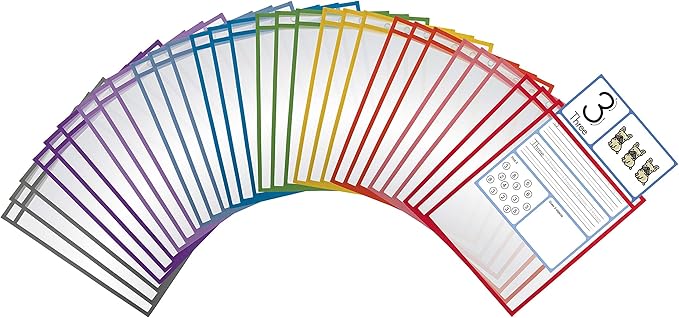 Better Office Products Dry Erase Pocket Sleeves, 30 Count, Crystal Clear, Oversized, 10.25" x 13.75", Heavy Duty Dry Erase Pocket Sheet Protectors, Reusable Pockets with 10 Assorted Colors, 30 Pack