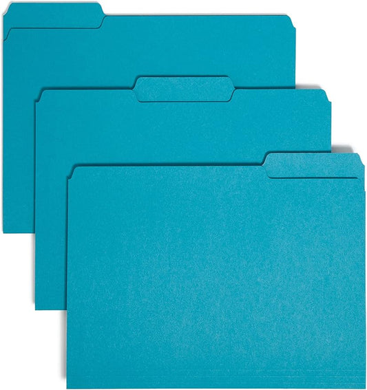 Smead Interior File Folder, 1/3-Cut Tab, Letter Size, Teal, 100 per Box, Expandable File Folders for Filing Cabinet