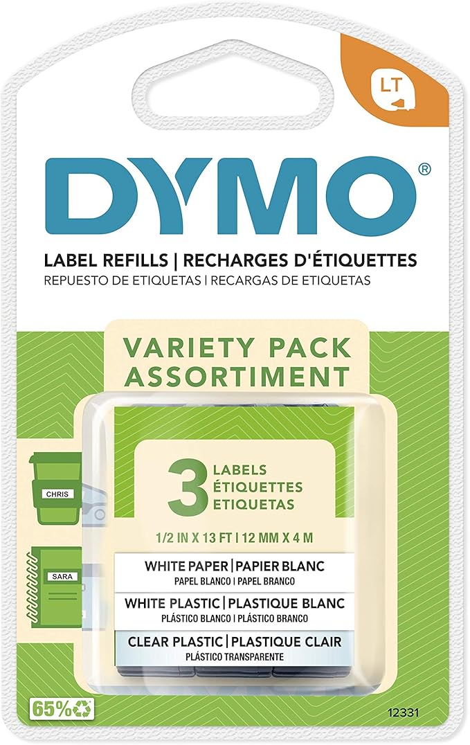 DYMO LT Labels Variety Pack 1/2-Inch x 13-Foot Rolls Black Print 3 Rolls for LetraTag Label Makers