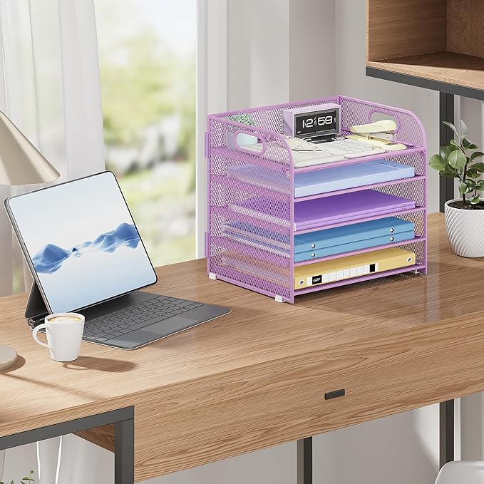 2 Pack 5 Tier Paper Organizer, Letter Tray with Handle, Mesh Desk Organizer, Metal File Organizer, Office Desk Accessories for Home, Office, Classroom, School -Purple
