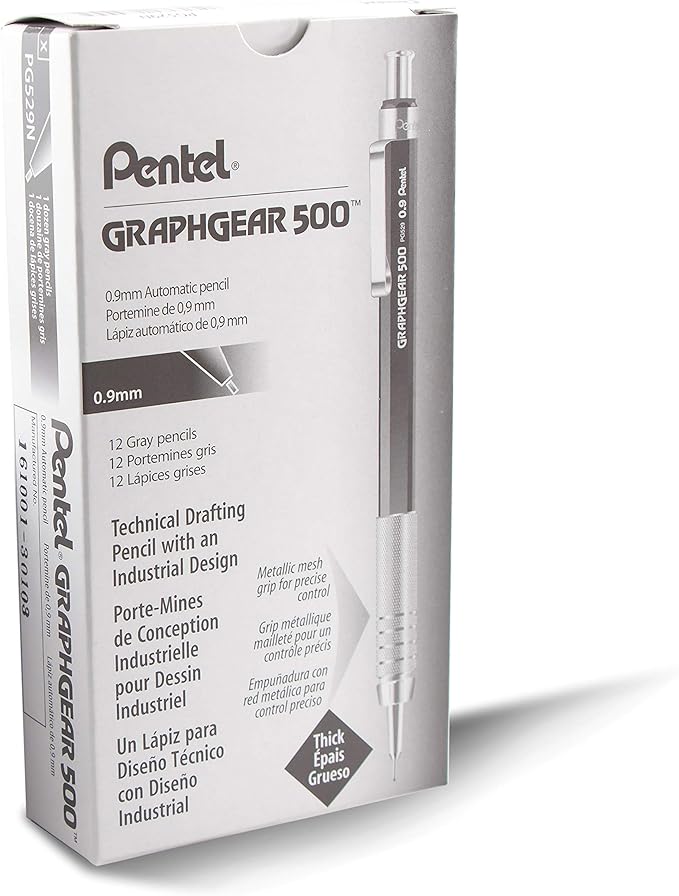 Pentel GraphGear 500 Mechanical Drafting Pencil, (0.9mm), Bold Line, Gray Barrel (PG529N)