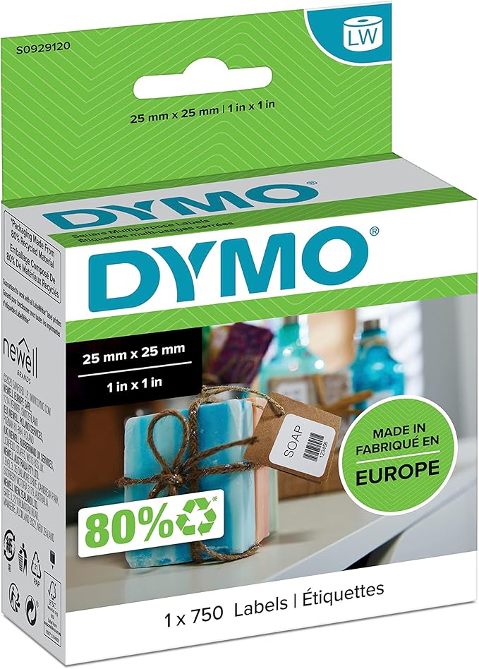 Dymo 25 mm x 25 mm LW Small Multi-Purpose Labels, Roll of 750 Easy-Peel Labels, Self-Adhesive, for LabelWriter Label Makers, Authentic
