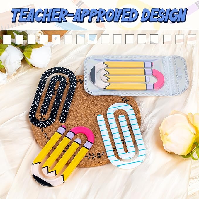 24 Pack Jumbo Acrylic Paper Clips, 4" X 2" 12Pcs Teacher Paper Clips with 12Pcs Gift Bags Personalized Paperclips Bookmark for Home Office Back to School Supplies (Pencil,Notebook,Eraser)