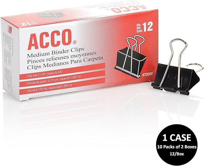 ACCO Binder Clips, Medium, 1 Case, 10 Packs/Case, 2 Boxes/Pack, 12 Clips/Box (A7072062CS)