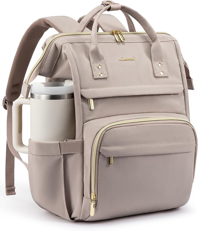 LOVEVOOK Laptop Backpack for Women with Giant Tumbler Holder Pocket,17 inch Waterproof Travel Backpack Purse Computer Laptop Bag,Professional Work College Nurse Teacher Backpack Daypack,Grayish-pink