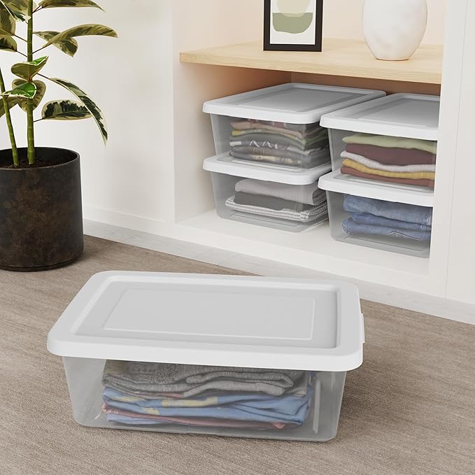 Sterilite 36 Pack Storage Box, 12 Quart Stackable Tote, Clear Plastic Container with Secure Snapping Lids for Home and Office Organization, White