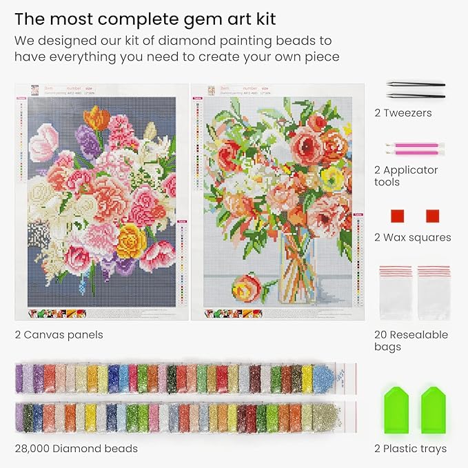 Arteza 5D Diamond Painting Kit, 2-Pack, Floral Designs, Full-Drill Diamond Art for Adults, 12 x 16 Inches Canvases, Round Rhinestones, & Painting Accessories, Bead Art Craft Supplies