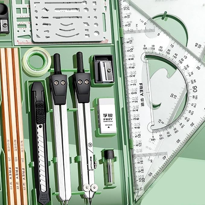 Professional Geometry Set(16Pcs) - Geometry Kit For Artists And Students | Geometry Set With Metal Rulers | Triangle Ruler Compass Protractor Set | Architecture Drawing Pencils Drafting Set