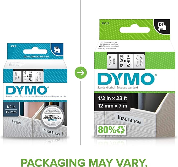 DYMO Labels for LabelManager and LabelWriter Duo Label Makers Great for Organization Indoor or Outdoor Use 1/2" (12mm) x 23' (7m) Black Print on White Tape Water Resistant Pack of 6