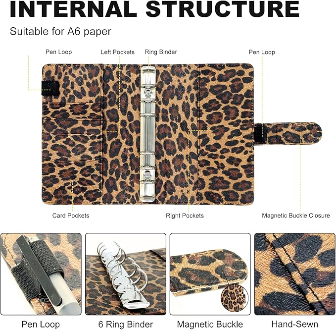 A6 Refillable 6 Ring Faux Leather Budget Binder,Mini Notebook Binder Cover for A6 Filler Paper,Loose Leaf Personal Planner Cover with Magnetic Buckle Closure (Leopard)