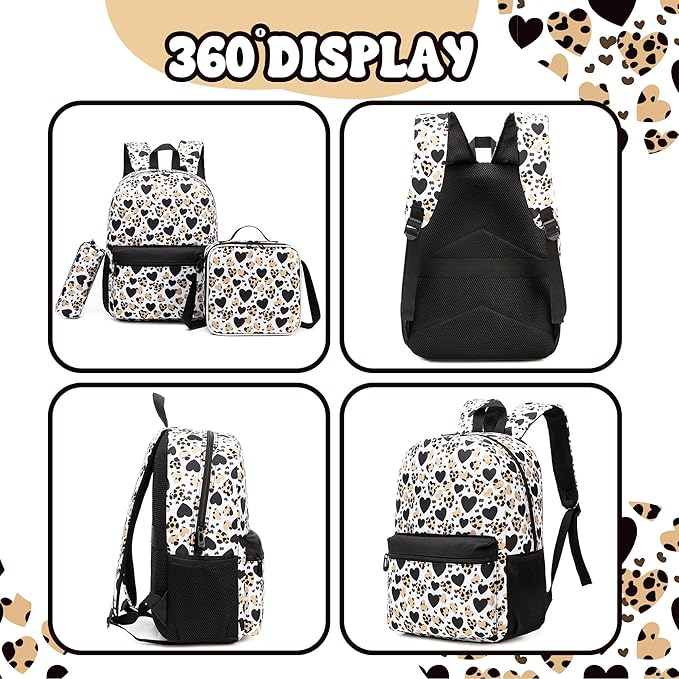Girls Backpack for School Backpack for Girls 8-10 Kids Backpacks with Lunch Box Leopard Print Schoolbag for Kids