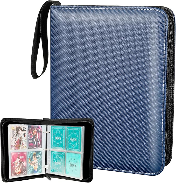 Collectible Trading Card Albums,4 Pocket Card Binder, 400 Double Sided Pocket PU Premium Zip Trading Collection Binderwith 50 Removable Sleeves, Card Folder forTCG, Sports Cards (Blue)