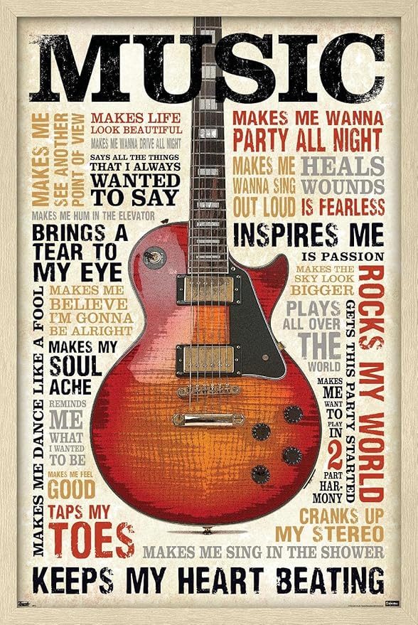 Music Inspires Me Wall Poster, 34L" x 22.4W", Blonde Framed Version