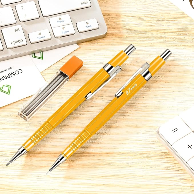 Gueevin 24 Pcs Mechanical Pencil Metal Penpoint Mechanical Pencil Retractable Automatic Drafting Pencils Refills for Writing Drawing Signature(0.9mm,Yellow)