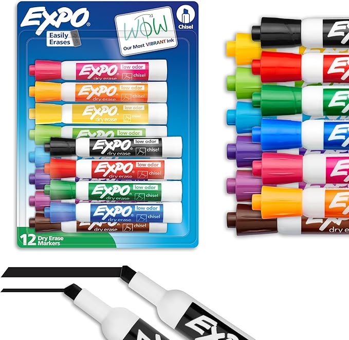 EXPO Dry Erase Markers, Low Odor Ink, Assorted Colors, Chisel Tip, 12 Count - Easily Erases, Vibrant Ink, Ideal for Classroom, Back to School Supplies, Teachers, Office, Whiteboard & Home