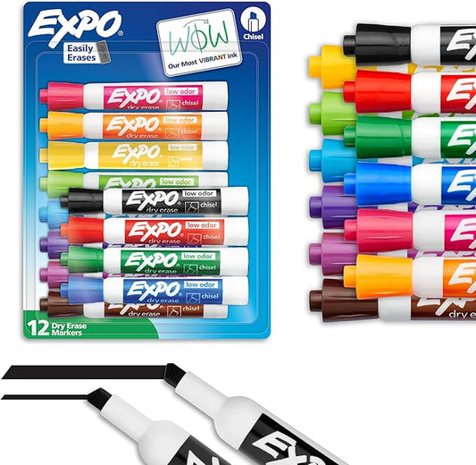 EXPO Dry Erase Markers, Low Odor Ink, Assorted Colors, Chisel Tip, 12 Count - Easily Erases, Vibrant Ink, Ideal for Classroom, Back to School Supplies, Teachers, Office, Whiteboard & Home