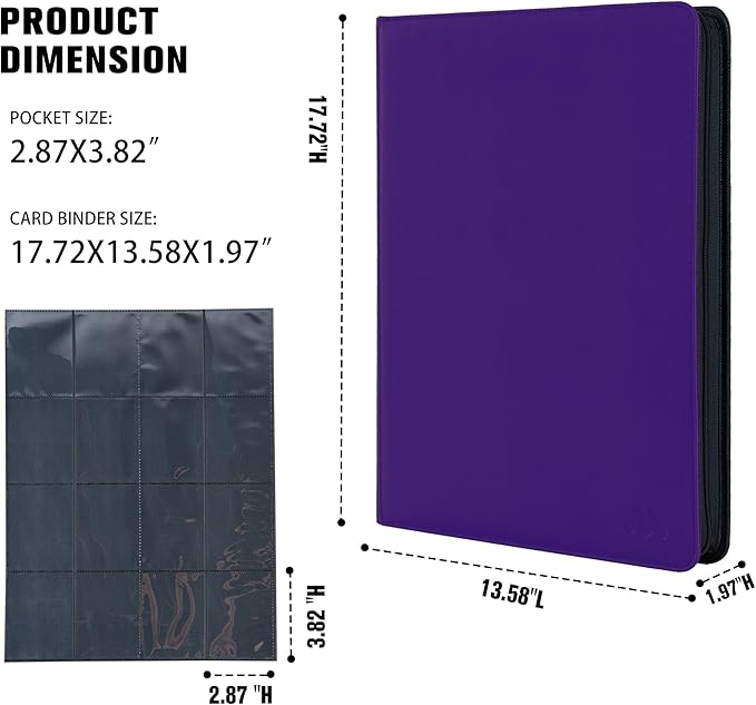 Card Binder 16 Pocket,Trading Card Binder Holds up to 1408 Cards with 44 Sleeves,Zipper Card Holder Album Compatible with TCG Card/Game Cards/Sports Card-Dark purple