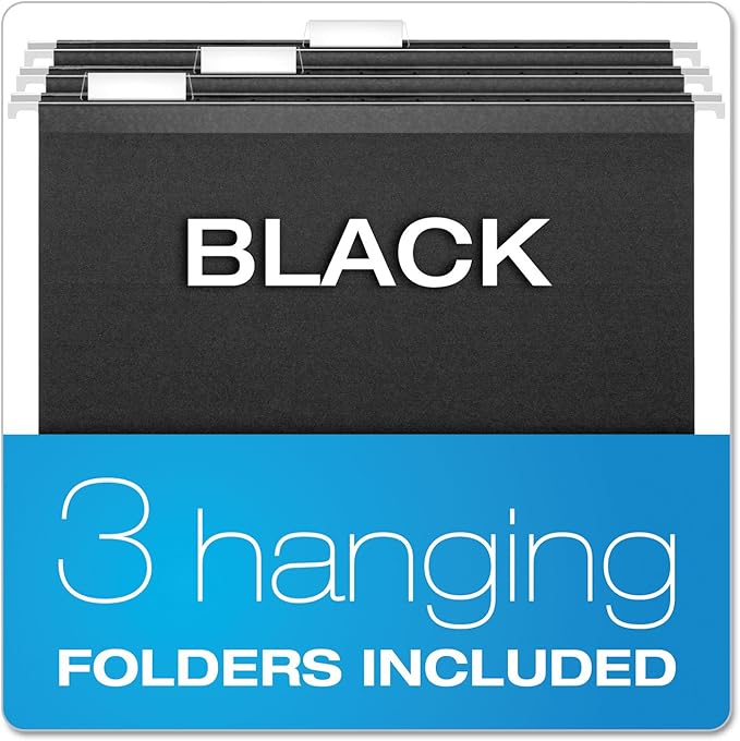 Pendaflex Portable File Box with File Rails, Hinged Lid with Double Latch Closure, Black, Includes 3 Letter Size Hanging Folders (41732)