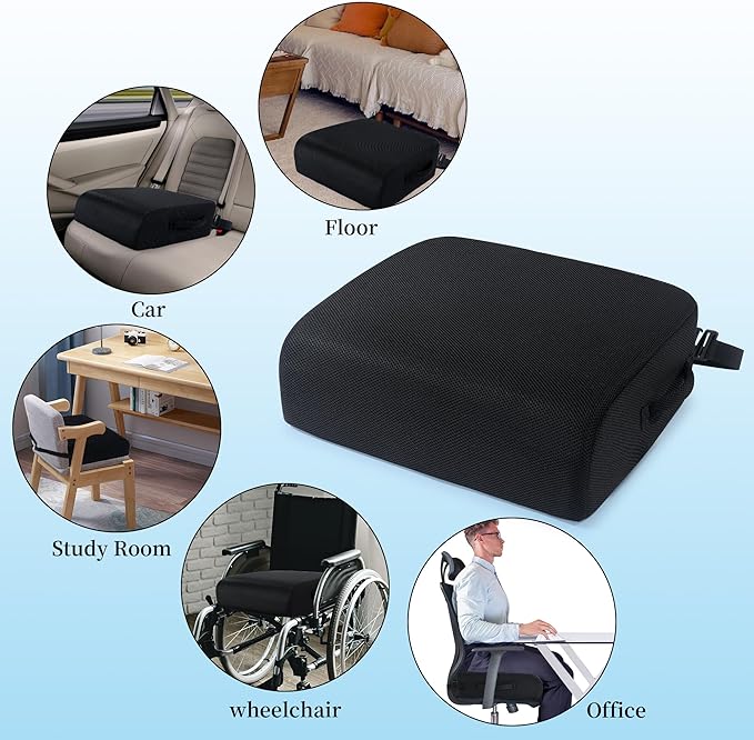 MABOZOO Extra Thick Chair Cushions,Office Chair Booster Seat Cushion to Raise Seat Height for Pain Relief,18 x 16 x 5 inch Non Slip Memory Foam Thick Cushion with Carry Handle（Black）