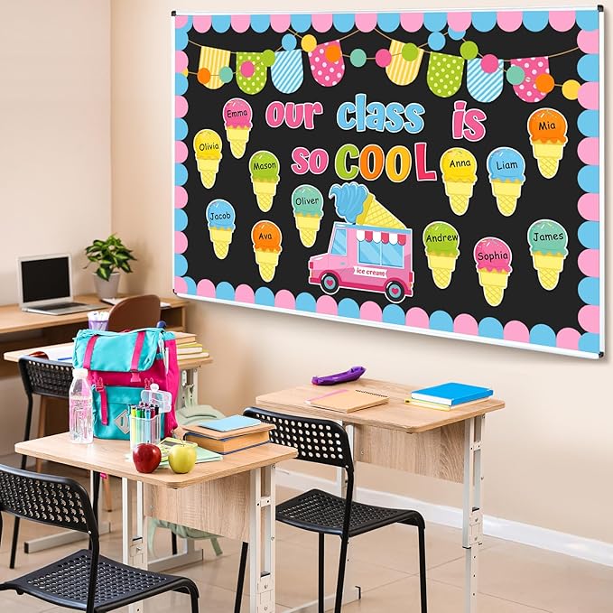 Epakh Summer Ice Cream Bulletin Board Set Our School is So Cool Classroom Decorations Ice Cream Paper Cutouts with Borders for Door Wall School Summer Birthday Party Supplies