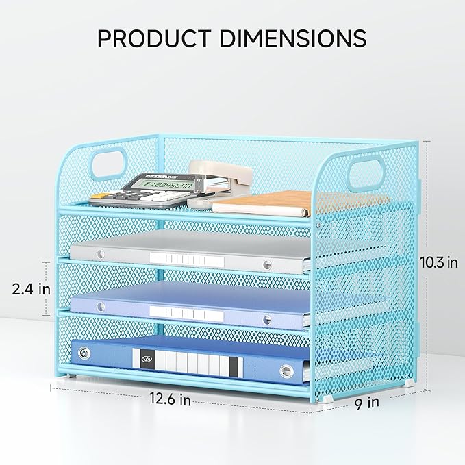 Lavatino 4-Tier Paper Organizer Trays - Blue Mesh File Folder Sorter with Handles, Desk Letter Holder Organizer for Office, Home, School Supplies Storage & Organization