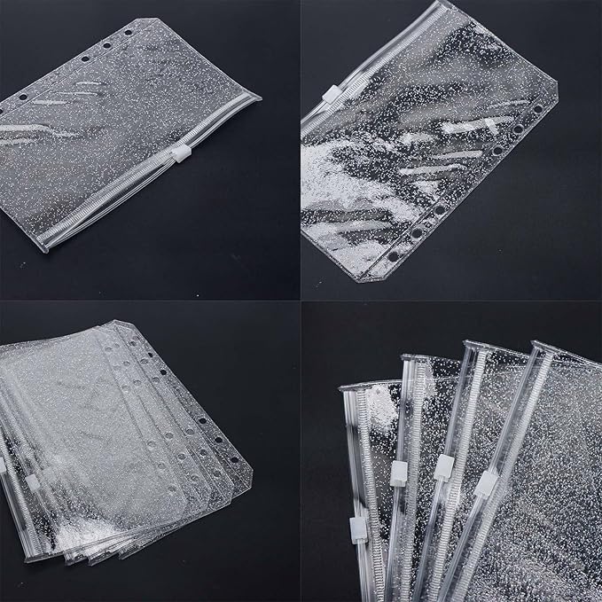 10pcs A6 Cash Stuffing Envelopes Zipper Binder Pockets Clear Glitter PVC 6 Hole Zip Sleeves Loose Leaf Pouches for 6 Ring Binder Planner (A6 4.17" x 6.85")