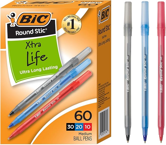BIC Round Stic Xtra Life Assorted Ink Ballpoint Pens,Medium Point (1.0mm),of Bulk Pens,Flexible Round Barrel for Comfortable Writing,No. 1 Selling Ballpoint-Pens,60 Count (Pack of 9)