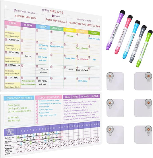 Magnetic Whiteboard for Fridge - Large Dry Erase Calendar for Wall | 2 Magnetic Dry Erase Board 10.5" x 16.5" & 7" x 16.5", Monthly Goal Setting & Habit Tracker, 5 Markers and 6 Adhesive Hooks