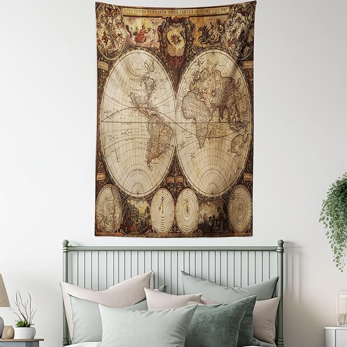 Ambesonne World Map Tapestry King Size, Old World Map Drawn in 1720s Nostalgic Style Art Historical Atlas Vintage Design, Wall Hanging Bedspread Bed Cover Wall Decor, 68" X 88", Multicolor