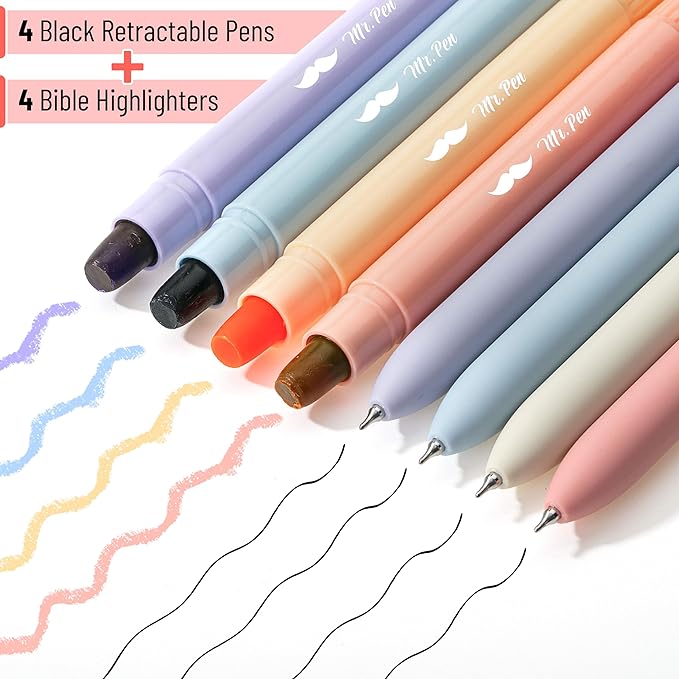 Mr. Pen- Gel Highlighters and Pens, 8 Pack, Pastel Barrel, No Bleed Through, Bible Journaling Kit