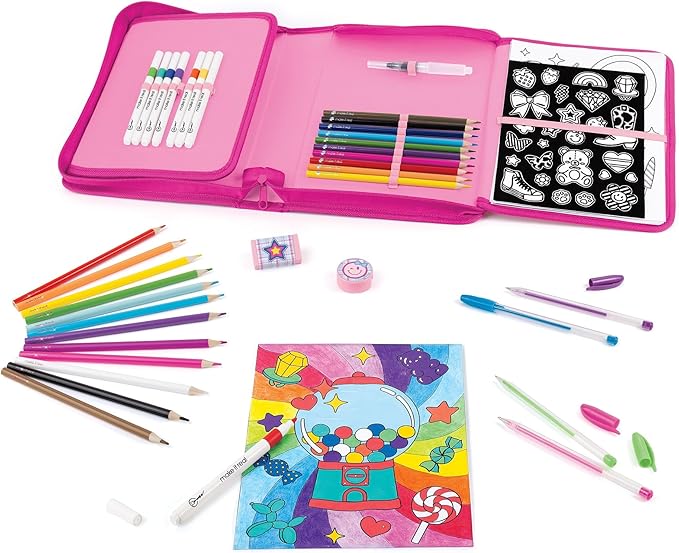 Make It Real: Creative Artist Suitcase Art Set - 50pc Zipper Binder Case, Gel Pens-Color Pencils-Acrylic Markers-Stickers, Crafts Tweens-Girls-Kids 6+