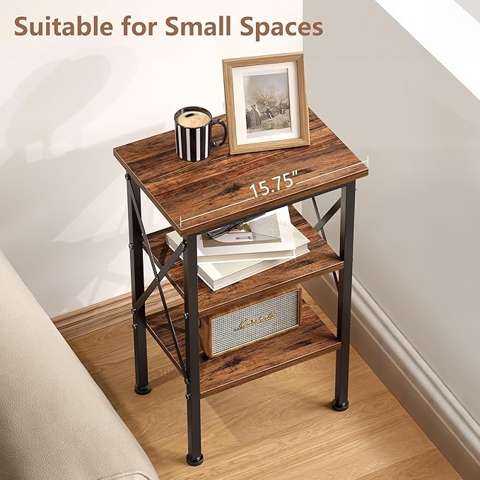 VECELO End Table, Bedside Table, 24" Tall Living Room End Tables, X-Design Reinforced Nightstands, Side Table with 3-Tier Storage Shelves for Small Spaces, Office, Bathroom, Bedroom, Rustic Brown