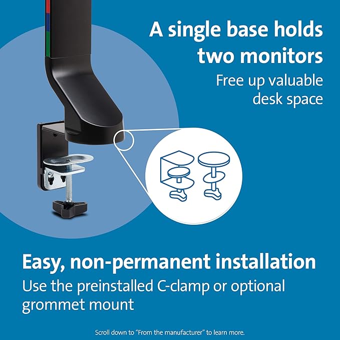 Kensington Dual Monitor Mount for Desk, C-clamp Vesa Monitor Stand Fits 2 Ultrawide Monitors Up to 27 Inches, Low Profile Stand, Height Adjustable Rotating Free Standing Arm, Black