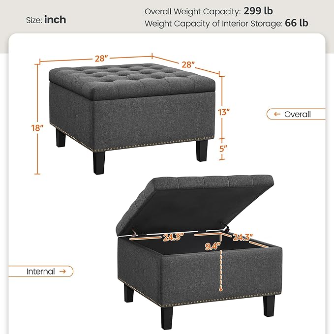 Yaheetech 28-inch Entryway Ottoman Bench with Storage, Multipurpose Foot Rest Sofa Stool in Dark Grey, 2 PCS