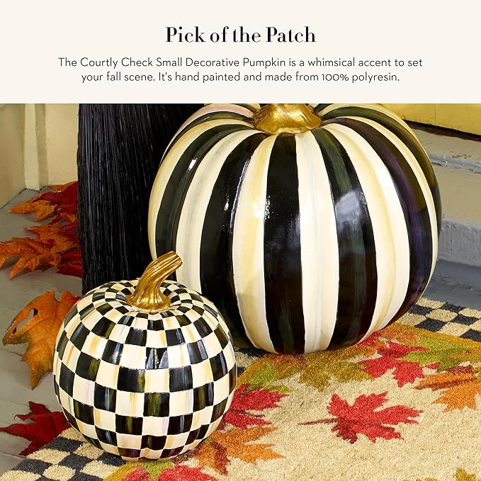MACKENZIE-CHILDS Small Decorative Pumpkin for Fall Decor, Autumn Decorations for Home, Black-and-White Courtly Check