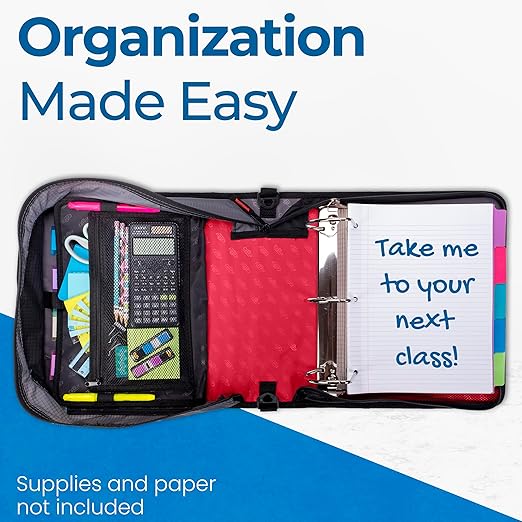 Case-it King Sized Zip Tab School Zipper Binder | 4-Inch D-Rings, 800 Sheet Capacity, 5-Subject Expanding File Folder, Multiple Pockets & Storage Organizer, Shoulder Strap | D-186 Fire Engine Red