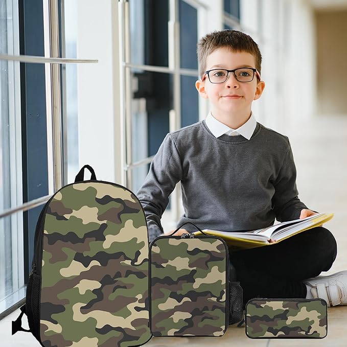 3PCS Camo Backpack Set for Boys, Lightweight Large Backpack with Lunch Box & Pencil Case, Camouflage Bookbag for Kids, Back to School Backpacks for Elementary & Middle School