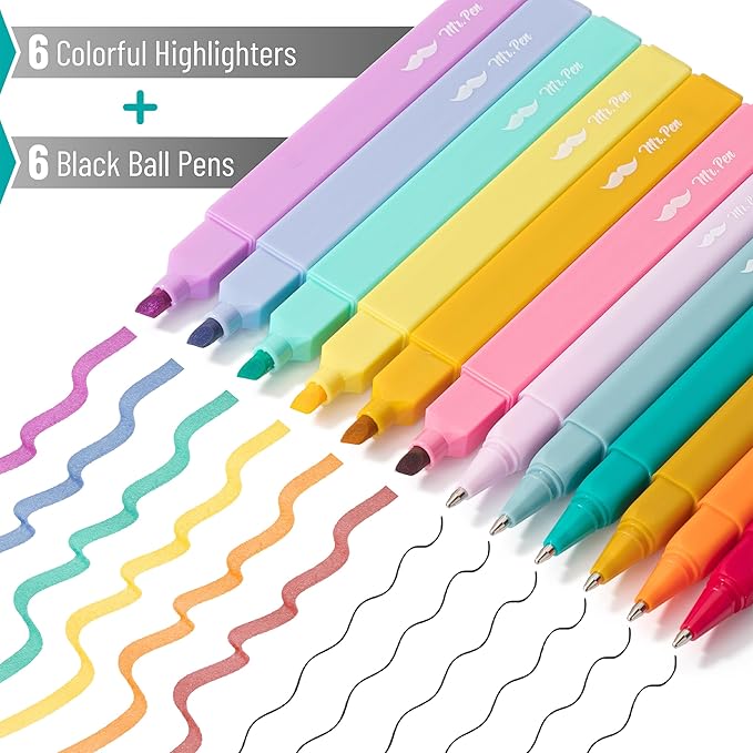Mr. Pen- Aesthetic Highlighters and Pens, 12 Pack, Assorted Color No Bleed Bible Highlighters, Black Ink Pens