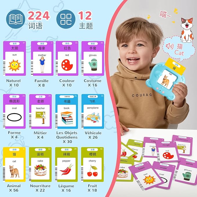 Chinese & English Talking Flash Cards for Toddlers, Bilingual Flash Cards Learning Montessori Toys with 224 Sight Words, Speech Therapy Toys for Children Sensory Preschool Education Gifts