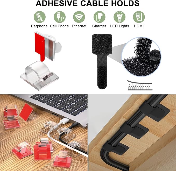 50Pcs Cord Organizer Kit, Reusable Silicone Cable Ties, Strong Adhesive Cable Clips for Cable Management, Multipurpose Wire Management for Bundling and Fastening Various Wires (6 Colors)