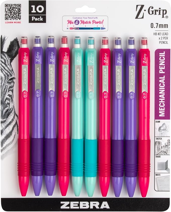 Zebra Pen, Z-Grip Mechanical Pencil, Smooth Writing, Latex-Free Grip, 0.7mm Lead, #2 HB, Pre-Loaded with Lead and Eraser, for School, Office, Everyday Use, Bright Colorful Barrels, 10-Pack, (50710)