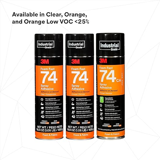 3M Foam Fast Spray Adhesive 74, Clear Color, High Strength Bonding, Fabric Adhesive, 24 fl oz Can, 16.9 oz (480 g) Net Wt, NOT FOR SALE IN CA AND OTHER STATES
