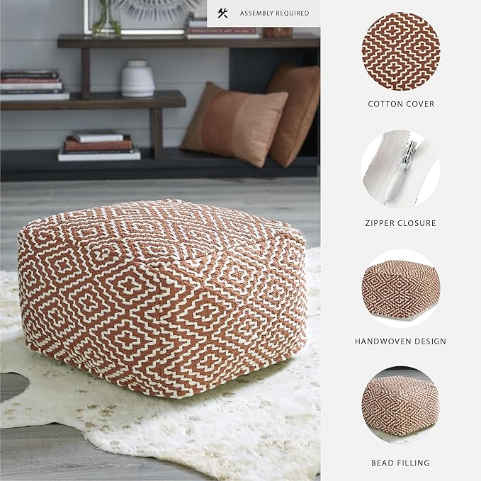 Signature Design by Ashley Brynnsen Casual Handwoven Geometric Pouf, Orange & White